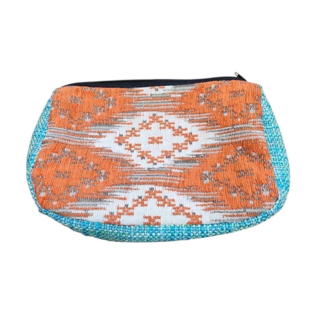 Aztec Print Cloth Cosmetic Bag Orange & Blue 9"X5.5"X2" - Picture 2 of 3